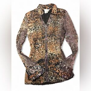 Y2K Alberto Makali Leopard Print Mesh Longsleeve Top Ruffled Sleeves - Size S